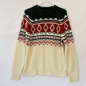K-Mart Vintage Fair Isle Sweater Women's Large Green Ivory Heavy Knit Warm